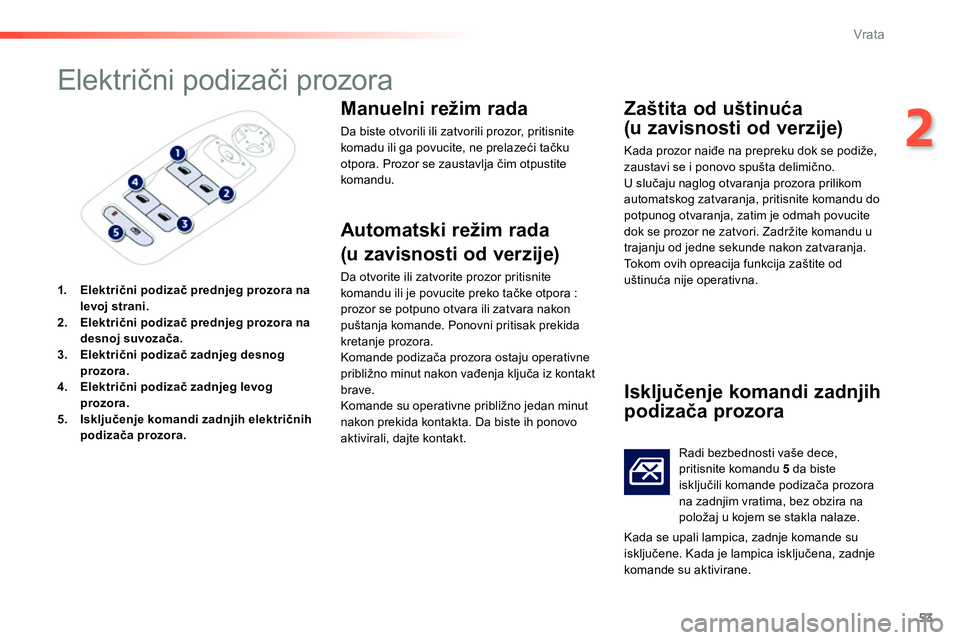 Peugeot 208 2014 Упутство за употребу (in Serbian) 53
2
Vrata
Električni podizači prozora
1.
Električni podizač prednjeg prozora na
levoj strani.
2.
Električni podizač
prednjeg prozora na
desnoj suvoza Peugeot 208 2014 Упутство за употребу (in Serbian) 53
2
Vrata
Električni podizači prozora
1.
Električni podizač prednjeg prozora na
levoj strani.
2.
Električni podizač
prednjeg prozora na
desnoj suvoza