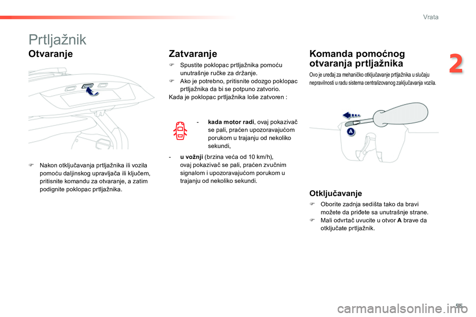 Peugeot 208 2014  Упутство за употребу (in Serbian) 55
2
Vrata
   
 
 
 
 
 
 
 
 
 
 
 
 
 
 
 
Prtljažnik 
 
 
 
�) 
 Nakon otključavanja prtljažnika ili vozila 
pomoću daljinskog upravljača ili ključem, 
pritisnite komandu za otvaranje, a zati
