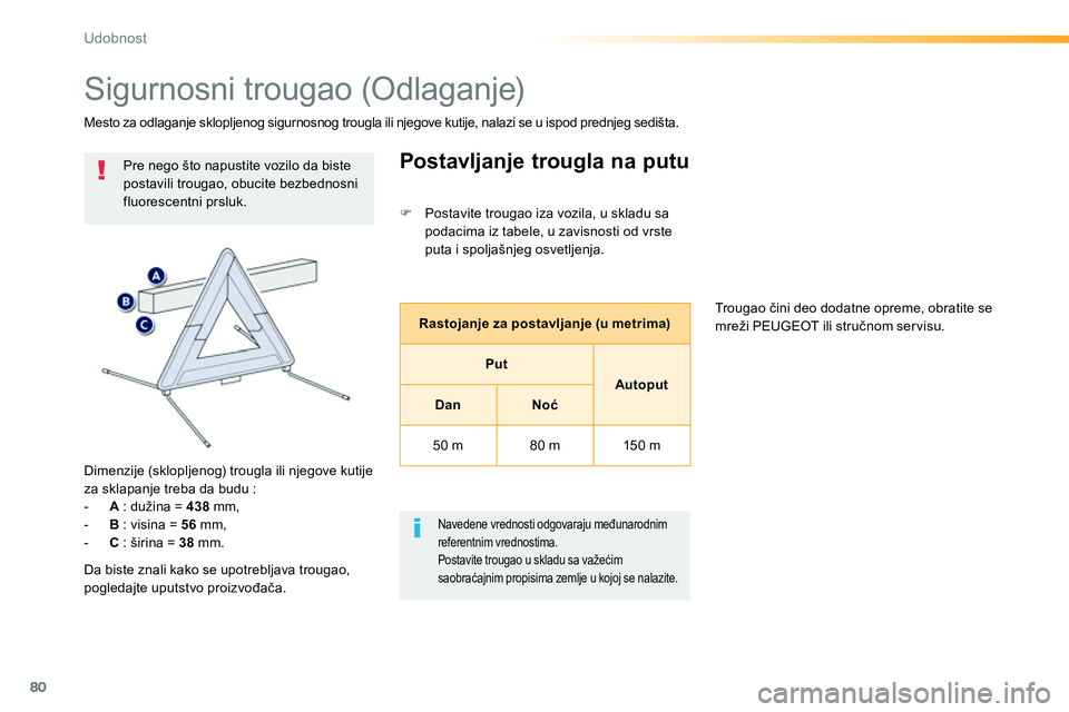 Peugeot 208 2014  Упутство за употребу (in Serbian) 80
Udobnost
  Sigurnosni trougao (Odlaganje) 
 
 
 
 
 
 
 
 
 
 
 
 
 
 
Pre nego što napustite vozilo da biste 
postavili trougao, obucite bezbednosni 
fluorescentni prsluk.  
   
Dimenzije (sklopl