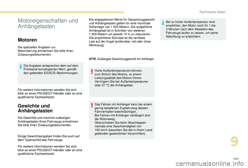 Peugeot 301 2018 Betriebsanleitung (in German) 141
Motoreigenschaften und
Anhängelasten
Motoren
Die speziellen Angaben zur
Motorisierung entnehmen Sie bitte Ihren
Zulassungsdokumenten.Die Angaben entsprechen dem auf dem
Prüfstand homologiert Peugeot 301 2018 Betriebsanleitung (in German) 141
Motoreigenschaften und
Anhängelasten
Motoren
Die speziellen Angaben zur
Motorisierung entnehmen Sie bitte Ihren
Zulassungsdokumenten.Die Angaben entsprechen dem auf dem
Prüfstand homologiert