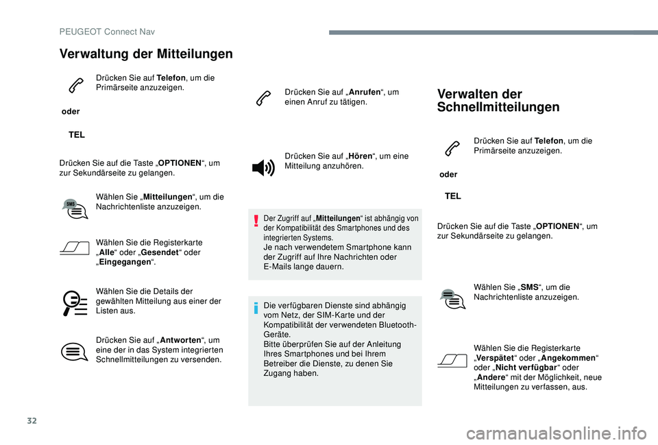 Peugeot 301 2018 Betriebsanleitung (in German) 32
Verwaltung der Mitteilungen
oder Drücken Sie auf Telefon
, um die
Primärseite anzuzeigen.
Drücken Sie auf die Taste „ OPTIONEN“, um
zur Sekundärseite zu gelangen.
Wählen Sie „ Mitteil Peugeot 301 2018 Betriebsanleitung (in German) 32
Verwaltung der Mitteilungen
oder Drücken Sie auf Telefon
, um die
Primärseite anzuzeigen.
Drücken Sie auf die Taste „ OPTIONEN“, um
zur Sekundärseite zu gelangen.
Wählen Sie „ Mitteil