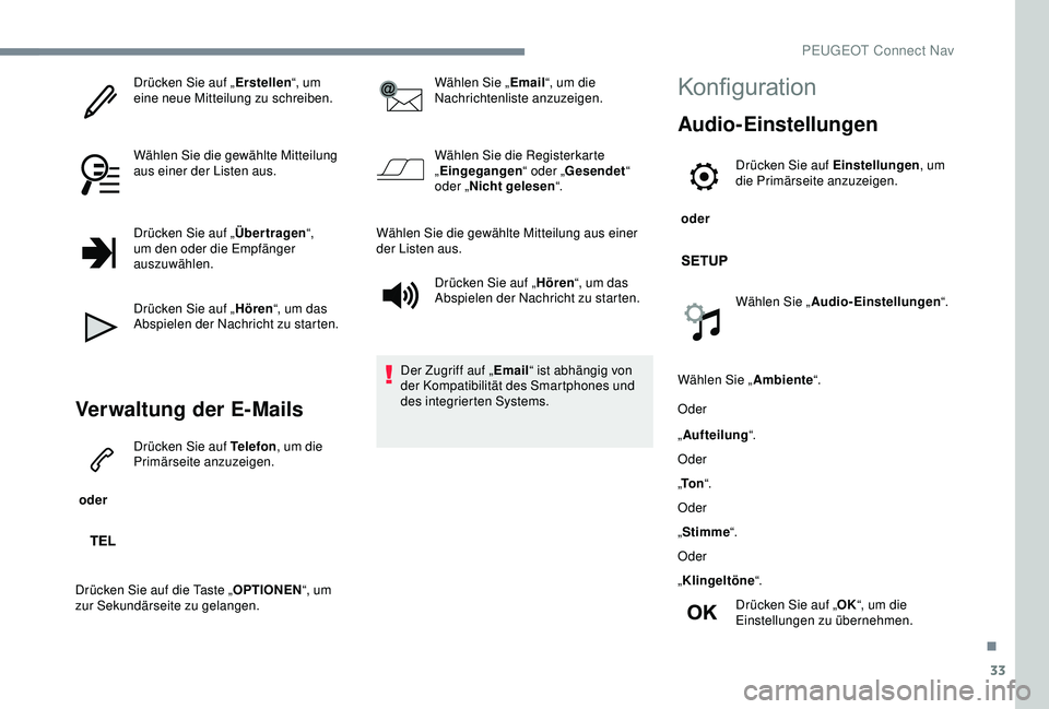 Peugeot 301 2018 Betriebsanleitung (in German) 33
Drücken Sie auf „Erstellen“, um
eine neue Mitteilung zu schreiben.
Wählen Sie die gewählte Mitteilung
aus einer der Listen aus.
Drücken Sie auf „ Übertragen“,
um den oder die Empfä Peugeot 301 2018 Betriebsanleitung (in German) 33
Drücken Sie auf „Erstellen“, um
eine neue Mitteilung zu schreiben.
Wählen Sie die gewählte Mitteilung
aus einer der Listen aus.
Drücken Sie auf „ Übertragen“,
um den oder die Empfä