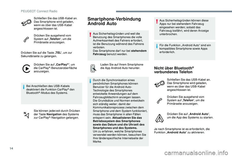 Peugeot 301 2018 Betriebsanleitung (in German) 14
Schließen Sie das USB-Kabel an.
Das Smartphone wird geladen,
wenn es über das USB-Kabel
angeschlossen ist.
Drücken Sie ausgehend vom
System auf „Telefon“, um die
Primärseite anzuzeigen Peugeot 301 2018 Betriebsanleitung (in German) 14
Schließen Sie das USB-Kabel an.
Das Smartphone wird geladen,
wenn es über das USB-Kabel
angeschlossen ist.
Drücken Sie ausgehend vom
System auf „Telefon“, um die
Primärseite anzuzeigen
