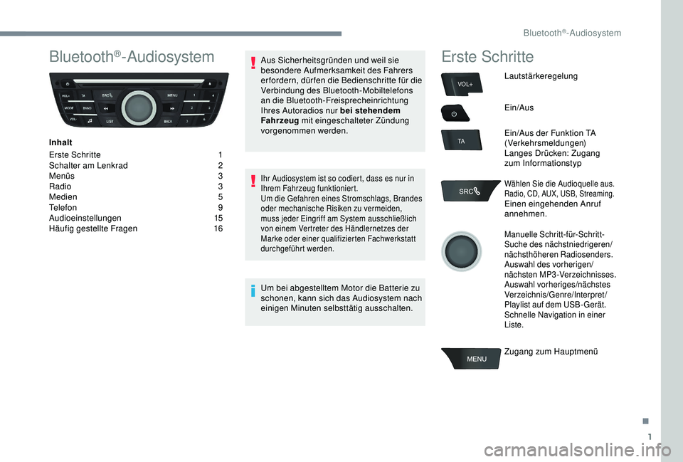 Peugeot 301 2018 Betriebsanleitung (in German) 1
VOL+
TA
Bluetooth®-Audiosystem
Inhalt
Erste Schritte
1
S
chalter am Lenkrad
2
M
enüs
3
R
adio 3
Medien
5
Telefon
9
A
udioeinstellungen
15
Häufig gestellte Fragen
1
6Aus Sicher Peugeot 301 2018 Betriebsanleitung (in German) 1
VOL+
TA
Bluetooth®-Audiosystem
Inhalt
Erste Schritte
1
S
chalter am Lenkrad
2
M
enüs
3
R
adio 3
Medien
5
Telefon
9
A
udioeinstellungen
15
Häufig gestellte Fragen
1
6Aus Sicher