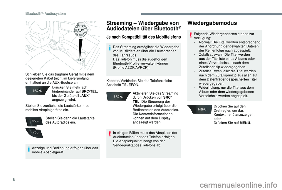 Peugeot 301 2018 Betriebsanleitung (in German) 8
VOL+
VOL-
Drücken Sie mehr fach
hintereinander auf SRC/TEL,
bis der Geräteteil „ AUX“
angezeigt wird.
Anzeige und Bedienung erfolgen über das
mobile Abspielgerät.
Streaming – Wiedergab Peugeot 301 2018 Betriebsanleitung (in German) 8
VOL+
VOL-
Drücken Sie mehr fach
hintereinander auf SRC/TEL,
bis der Geräteteil „ AUX“
angezeigt wird.
Anzeige und Bedienung erfolgen über das
mobile Abspielgerät.
Streaming – Wiedergab
