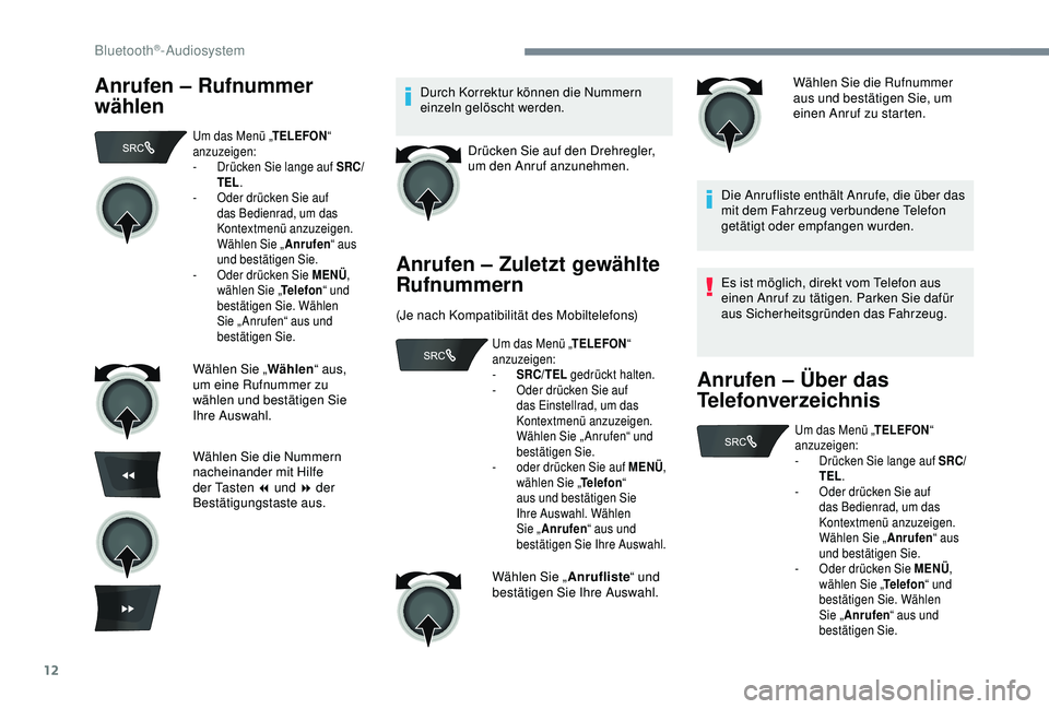 Peugeot 301 2018 Betriebsanleitung (in German) 12
Anrufen – Rufnummer
wählenDurch Korrektur können die Nummern
einzeln gelöscht werden.Drücken Sie auf den Drehregler,
um den Anruf anzunehmen.
Anrufen – Zuletzt gewählte
Rufnummern
(Je Peugeot 301 2018 Betriebsanleitung (in German) 12
Anrufen – Rufnummer
wählenDurch Korrektur können die Nummern
einzeln gelöscht werden.Drücken Sie auf den Drehregler,
um den Anruf anzunehmen.
Anrufen – Zuletzt gewählte
Rufnummern
(Je