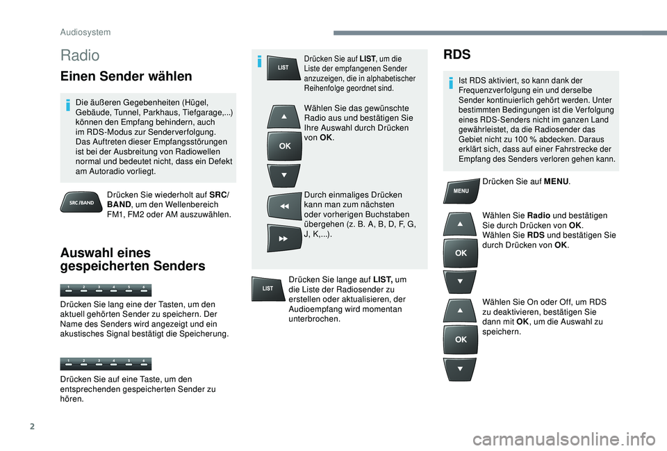 Peugeot 301 2018 Betriebsanleitung (in German) 2
Radio
Einen Sender wählen
Die äußeren Gegebenheiten (Hügel,
Gebäude, Tunnel, Parkhaus, Tiefgarage,...)
können den Empfang behindern, auch
im RDS-Modus zur Senderverfolgung.
Das Auftreten d Peugeot 301 2018 Betriebsanleitung (in German) 2
Radio
Einen Sender wählen
Die äußeren Gegebenheiten (Hügel,
Gebäude, Tunnel, Parkhaus, Tiefgarage,...)
können den Empfang behindern, auch
im RDS-Modus zur Senderverfolgung.
Das Auftreten d