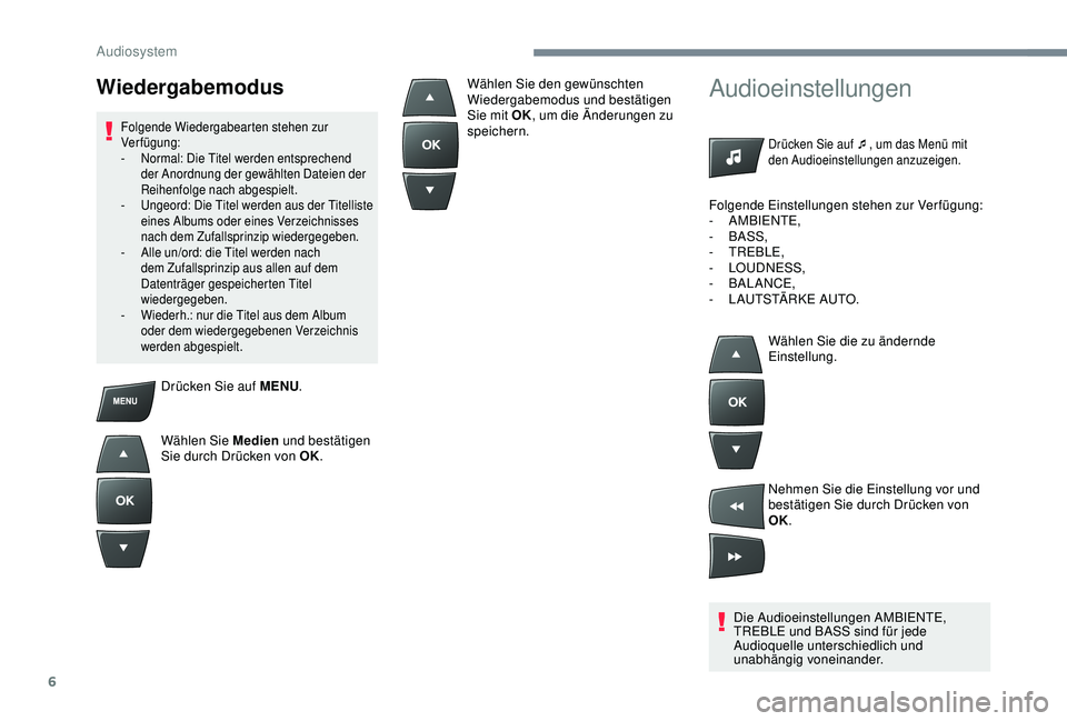 Peugeot 301 2018 Betriebsanleitung (in German) 6
Drücken Sie auf MENU.
Wählen Sie Medien und bestätigen
Sie durch Drücken von OK.
Audioeinstellungen
Drücken Sie auf ¯ , um das Menü mit
den Audioeinstellungen anzuzeigen.
Die Audioeinstell Peugeot 301 2018 Betriebsanleitung (in German) 6
Drücken Sie auf MENU.
Wählen Sie Medien und bestätigen
Sie durch Drücken von OK.
Audioeinstellungen
Drücken Sie auf ¯ , um das Menü mit
den Audioeinstellungen anzuzeigen.
Die Audioeinstell