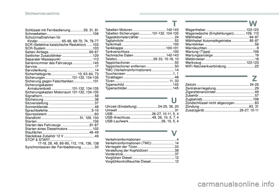 Peugeot 301 2018 Betriebsanleitung (in German) Schlüssel mit Fernbedienung .............29, 31, 81
Schneeketten ................................................ 10 6
Schutzmaßnahmen für Kinder
........................ 65 - 66, 68 -70, 74, Peugeot 301 2018 Betriebsanleitung (in German) Schlüssel mit Fernbedienung .............29, 31, 81
Schneeketten ................................................ 10 6
Schutzmaßnahmen für Kinder
........................ 65 - 66, 68 -70, 74,