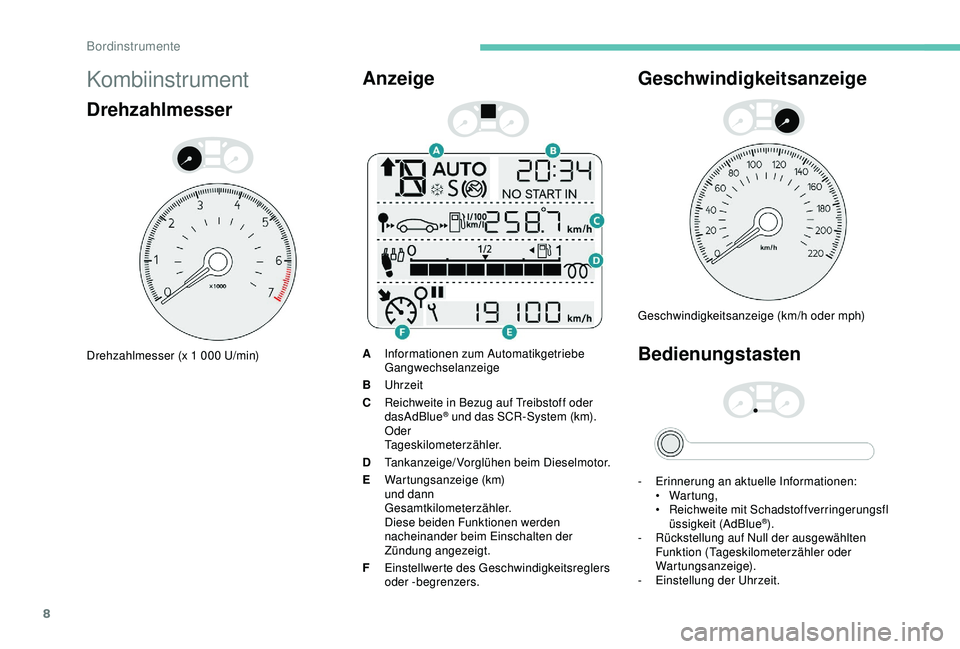 Peugeot 301 2018  Betriebsanleitung (in German) 8
Kombiinstrument
Drehzahlmesser
Drehzahlmesser (x 1 000 U/min)
Anzeige
AInformationen zum Automatikgetriebe
Gangwechselanzeige
B Uhrzeit
C Reichweite in Bezug auf Treibstoff oder 
dasAdBlue
® und da