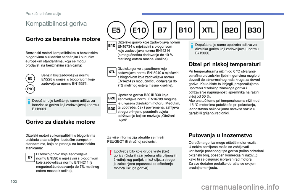 Peugeot 301 2018 Vodič za korisnike (in Croatian) 102
Kompatibilnost goriva
Gorivo za benzinske motore
Benzinski motori kompatibilni su s benzinskim
biogorivima sukladnim sadašnjim i budućim
europskim standardima, koja se mogu
prodavati na benz Peugeot 301 2018 Vodič za korisnike (in Croatian) 102
Kompatibilnost goriva
Gorivo za benzinske motore
Benzinski motori kompatibilni su s benzinskim
biogorivima sukladnim sadašnjim i budućim
europskim standardima, koja se mogu
prodavati na benz