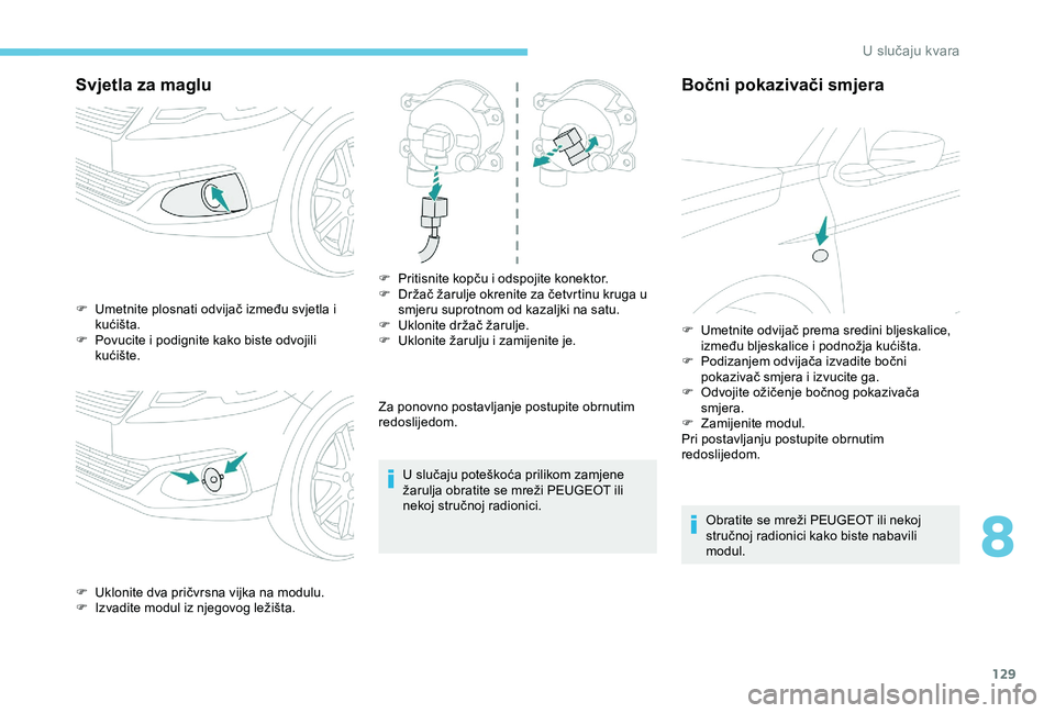 Peugeot 301 2018 Vodič za korisnike (in Croatian) 129
Svjetla za maglu
Za ponovno postavljanje postupite obrnutim
redoslijedom.U slučaju poteškoća prilikom zamjene
žarulja obratite se mreži PEUGEOT ili
nekoj stručnoj radionici.
Bočni pokazi Peugeot 301 2018 Vodič za korisnike (in Croatian) 129
Svjetla za maglu
Za ponovno postavljanje postupite obrnutim
redoslijedom.U slučaju poteškoća prilikom zamjene
žarulja obratite se mreži PEUGEOT ili
nekoj stručnoj radionici.
Bočni pokazi