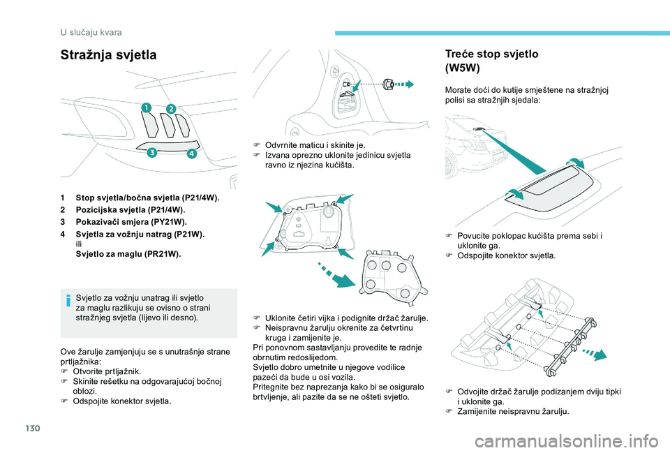 Peugeot 301 2018 Vodič za korisnike (in Croatian) 130
Stražnja svjetla
1Stop svjetla/bočna svjetla (P21/4W).
2 Pozicijska svjetla (P21/4W).
3 Pokazivači smjera (PY21W).
4 Svjetla za vožnju natrag (P21W).
ili
Svjetlo za maglu (PR21W).
Svjetlo za v Peugeot 301 2018 Vodič za korisnike (in Croatian) 130
Stražnja svjetla
1Stop svjetla/bočna svjetla (P21/4W).
2 Pozicijska svjetla (P21/4W).
3 Pokazivači smjera (PY21W).
4 Svjetla za vožnju natrag (P21W).
ili
Svjetlo za maglu (PR21W).
Svjetlo za v