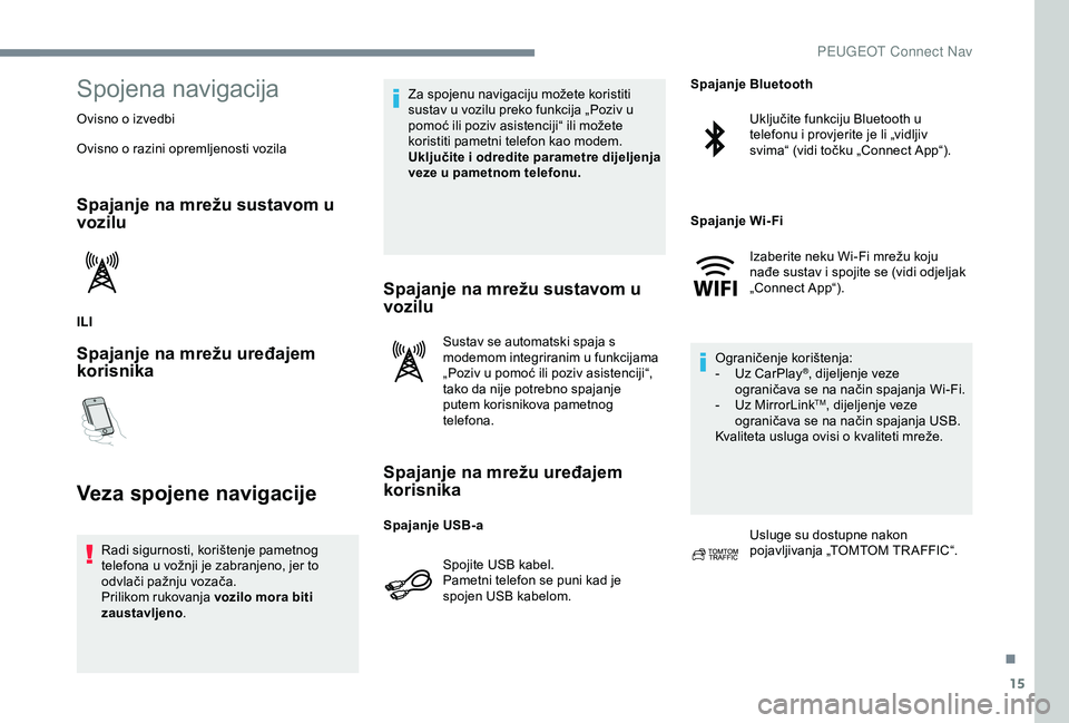 Peugeot 301 2018 Vodič za korisnike (in Croatian) 15
Spojena navigacija
Ovisno o izvedbi
Ovisno o razini opremljenosti vozila
Spajanje na mrežu sustavom u
vozilu
ILI
Spajanje na mrežu uređajem
korisnika
Veza spojene navigacije
Radi sigurnosti, k Peugeot 301 2018 Vodič za korisnike (in Croatian) 15
Spojena navigacija
Ovisno o izvedbi
Ovisno o razini opremljenosti vozila
Spajanje na mrežu sustavom u
vozilu
ILI
Spajanje na mrežu uređajem
korisnika
Veza spojene navigacije
Radi sigurnosti, k