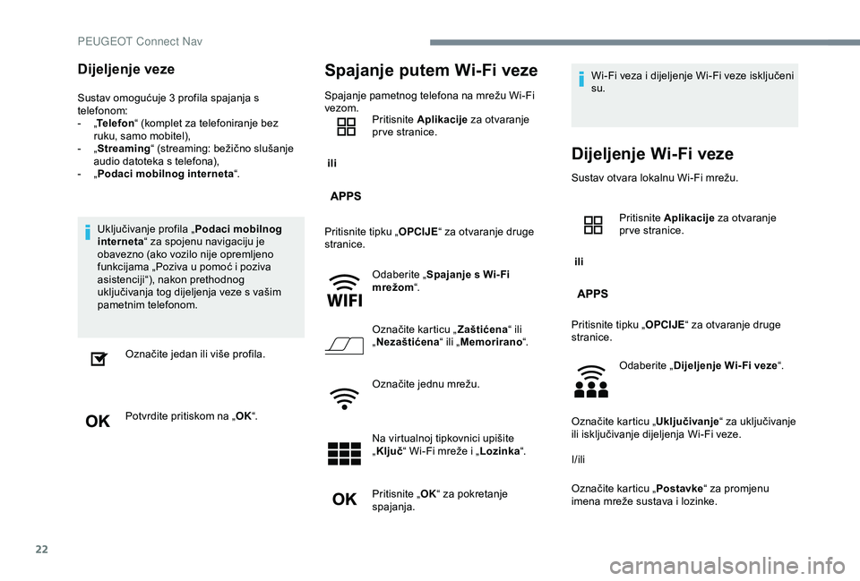 Peugeot 301 2018 Vodič za korisnike (in Croatian) 22
Dijeljenje veze
Sustav omogućuje 3 profila spajanja s
telefonom:
-
„T
elefon “ (komplet za telefoniranje bez
ruku, samo mobitel),
-
„ S
treaming “ (streaming: bežično slušanje
a Peugeot 301 2018 Vodič za korisnike (in Croatian) 22
Dijeljenje veze
Sustav omogućuje 3 profila spajanja s
telefonom:
-
„T
elefon “ (komplet za telefoniranje bez
ruku, samo mobitel),
-
„ S
treaming “ (streaming: bežično slušanje
a