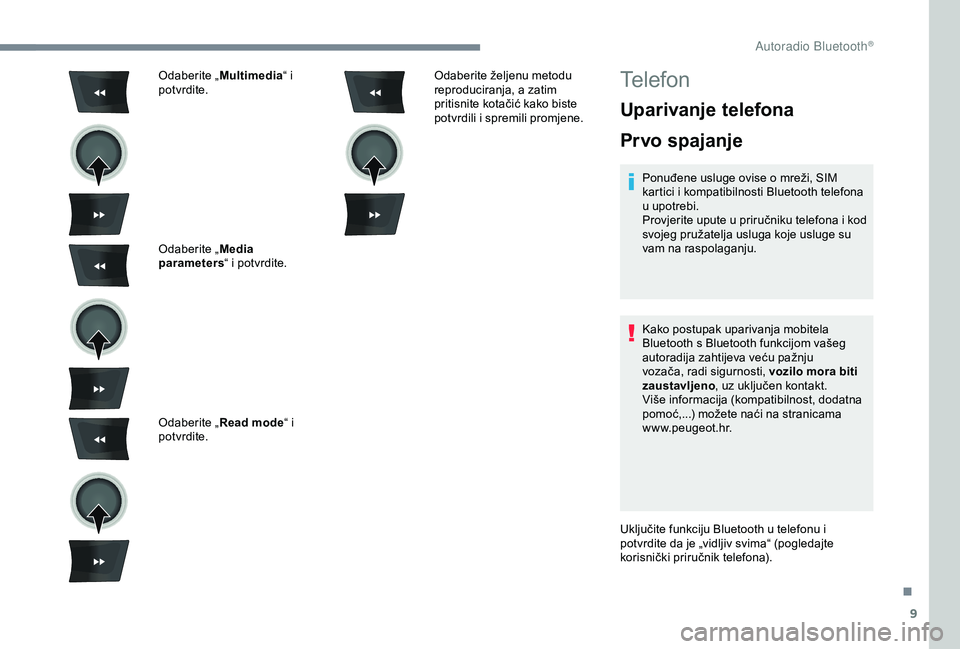 Peugeot 301 2018 Vodič za korisnike (in Croatian) 9
Odaberite „Multimedia “ i
potvrdite.
Odaberite „ Media
parameters “ i potvrdite.
Odaberite „ Read mode “ i
potvrdite. Odaberite željenu metodu
reproduciranja, a zatim
pritisnite ko Peugeot 301 2018 Vodič za korisnike (in Croatian) 9
Odaberite „Multimedia “ i
potvrdite.
Odaberite „ Media
parameters “ i potvrdite.
Odaberite „ Read mode “ i
potvrdite. Odaberite željenu metodu
reproduciranja, a zatim
pritisnite ko