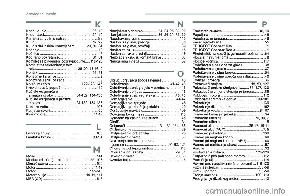 Peugeot 301 2018 Vodič za korisnike (in Croatian) KKabel, audio ..............................................26, 10
Kabel, Jack ................................................ 26, 10
Kamera za vožnju natrag
................................99
K
Peugeot 301 2018 Vodič za korisnike (in Croatian) KKabel, audio ..............................................26, 10
Kabel, Jack ................................................ 26, 10
Kamera za vožnju natrag
................................99
K