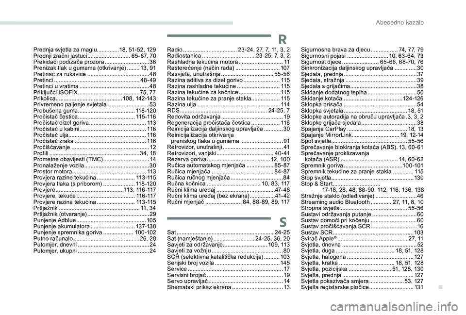 Peugeot 301 2018 Vodič za korisnike (in Croatian) Prednja svjetla za maglu ..............18, 51-52, 129
Prednji zračni jastuci ........................... 6 5 - 67, 70
Prekidači podizača prozora
............................36
P
renizak tlak u Peugeot 301 2018 Vodič za korisnike (in Croatian) Prednja svjetla za maglu ..............18, 51-52, 129
Prednji zračni jastuci ........................... 6 5 - 67, 70
Prekidači podizača prozora
............................36
P
renizak tlak u