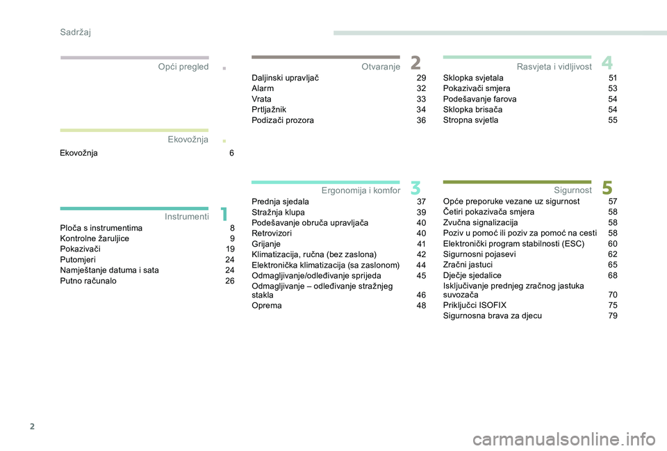 Peugeot 301 2018  Vodič za korisnike (in Croatian) 2
.
.
Ploča s instrumentima 8
K ontrolne žaruljice 9
P
okazivači
 1
 9
Putomjeri
 2

4
Namještanje datuma i sata
 
2
 4
Putno računalo
 
2
 6Daljinski upravljač
 2

9
Alarm
 3
 2
Vrata
 3
 3
Prt