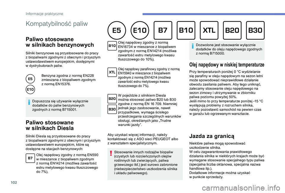 Peugeot 301 2018 Instrukcja Obsługi (in Polish) 102
Kompatybilność paliw
Paliwo stosowane
w
s
ilnikach benzynowych
Silniki benzynowe są przystosowane do pracy
z
biopaliwami zgodnymi z obecnym i przyszłym
ustawodawstwem europejskim, d Peugeot 301 2018 Instrukcja Obsługi (in Polish) 102
Kompatybilność paliw
Paliwo stosowane
w
s
ilnikach benzynowych
Silniki benzynowe są przystosowane do pracy
z
biopaliwami zgodnymi z obecnym i przyszłym
ustawodawstwem europejskim, d