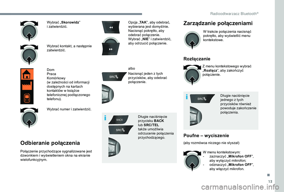 Peugeot 301 2018 Instrukcja Obsługi (in Polish) 13
BACK
Wybrać „ Skorowidz ”
i zatwierdzić.
Wybrać kontakt, a
następnie
zatwierdzić.
Dom
Praca
Komórkowy
(w
zależności od informacji
dostępnych na kartach
kontaktów w
książ Peugeot 301 2018 Instrukcja Obsługi (in Polish) 13
BACK
Wybrać „ Skorowidz ”
i zatwierdzić.
Wybrać kontakt, a
następnie
zatwierdzić.
Dom
Praca
Komórkowy
(w
zależności od informacji
dostępnych na kartach
kontaktów w
książ