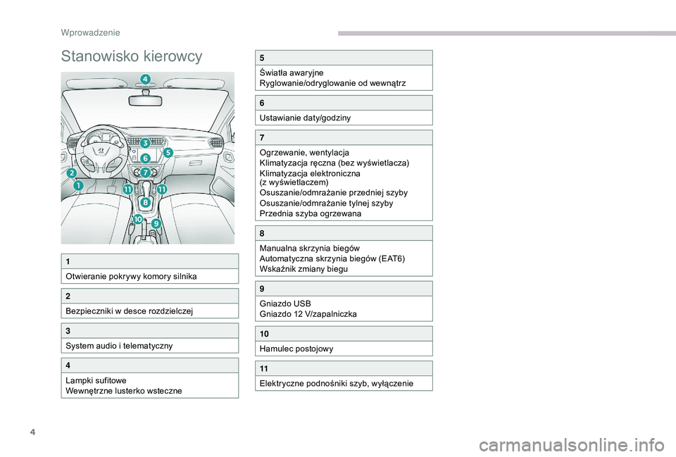 Peugeot 301 2018  Instrukcja Obsługi (in Polish) 4
Stanowisko kierowcy5
Światła awaryjne
Ryglowanie/odryglowanie od wewnątrz
6
Ustawianie daty/godziny
7
Ogrzewanie, wentylacja
Klimatyzacja ręczna (bez wyświetlacza)
Klimatyzacja elektroniczna 
(