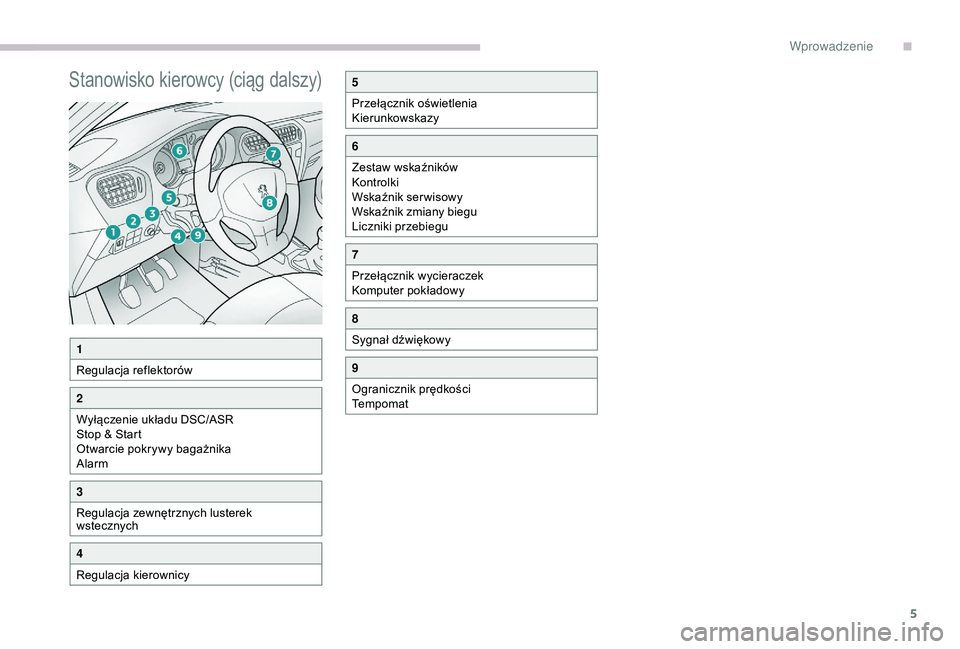 Peugeot 301 2018  Instrukcja Obsługi (in Polish) 5
Stanowisko kierowcy (ciąg dalszy)
1
Regulacja reflektorów
2
Wyłączenie układu DSC/ASR
Stop & Start
Otwarcie pokrywy bagażnika
Alarm
3
Regulacja zewnętrznych lusterek 
wstecznych
4
Regulacja k