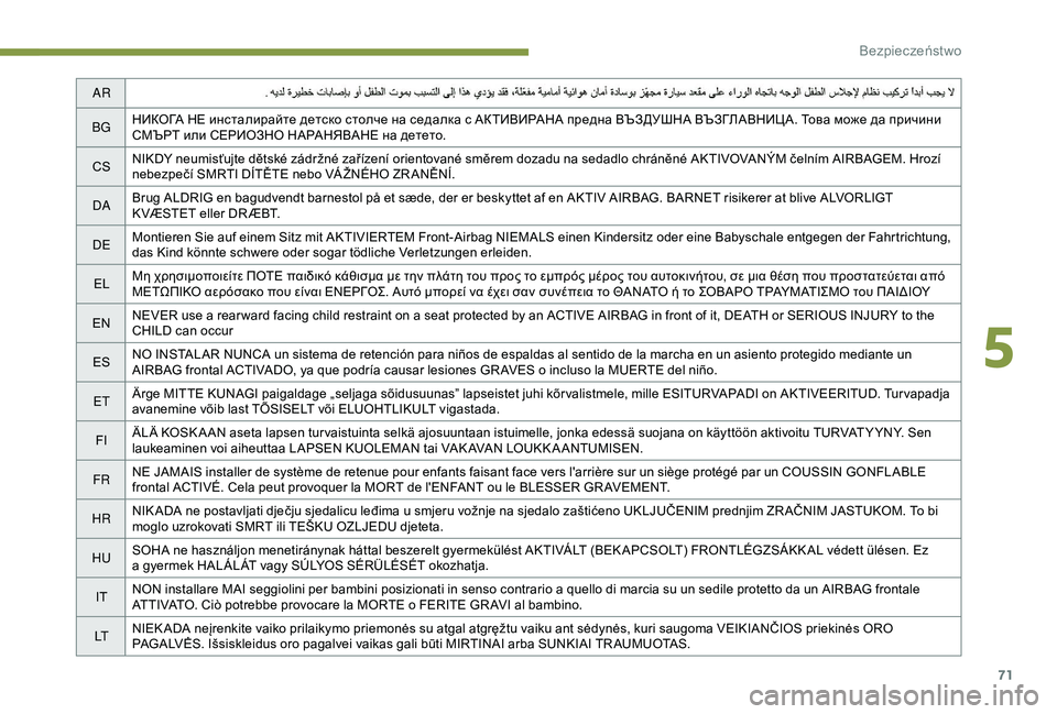 Peugeot 301 2018  Instrukcja Obsługi (in Polish) 71
AR
BG НИКОГА НЕ инсталирайте детско столче на седалка с АКТИВИРАНА предна ВЪЗДУШНА ВЪЗГЛАВНИЦА. Това може да �