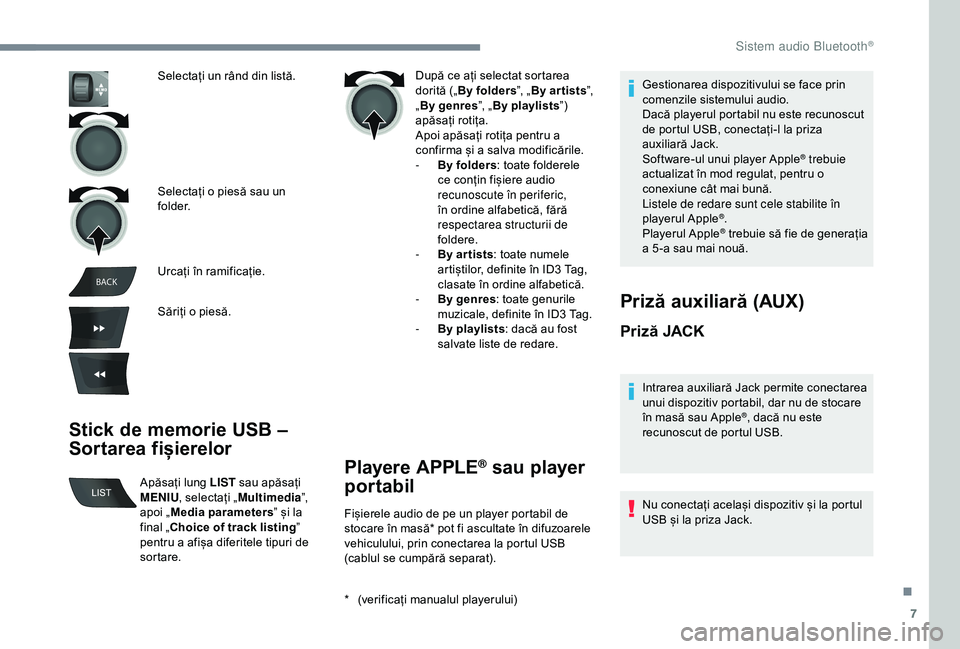 Peugeot 301 2018  Manualul de utilizare (in Romanian) 7
BACK
Stick de memorie USB – 
Sortarea fișierelor
După ce ați selectat sortarea 
dorită („ By folders ”, „By ar tists ”, 
„ By genres ”, „By playlists ”) 
apăsați rotița.
Apo