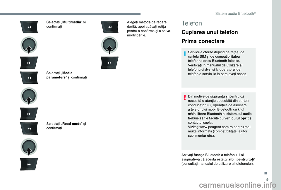 Peugeot 301 2018  Manualul de utilizare (in Romanian) 9
Selectați „Multimedia ” și 
confirmați
Selectați „ Media 
parameters ” și confirmați
Selectați „ Read mode ” și 
confirmați Alegeți metoda de redare 
dorită, apoi apăsați ro