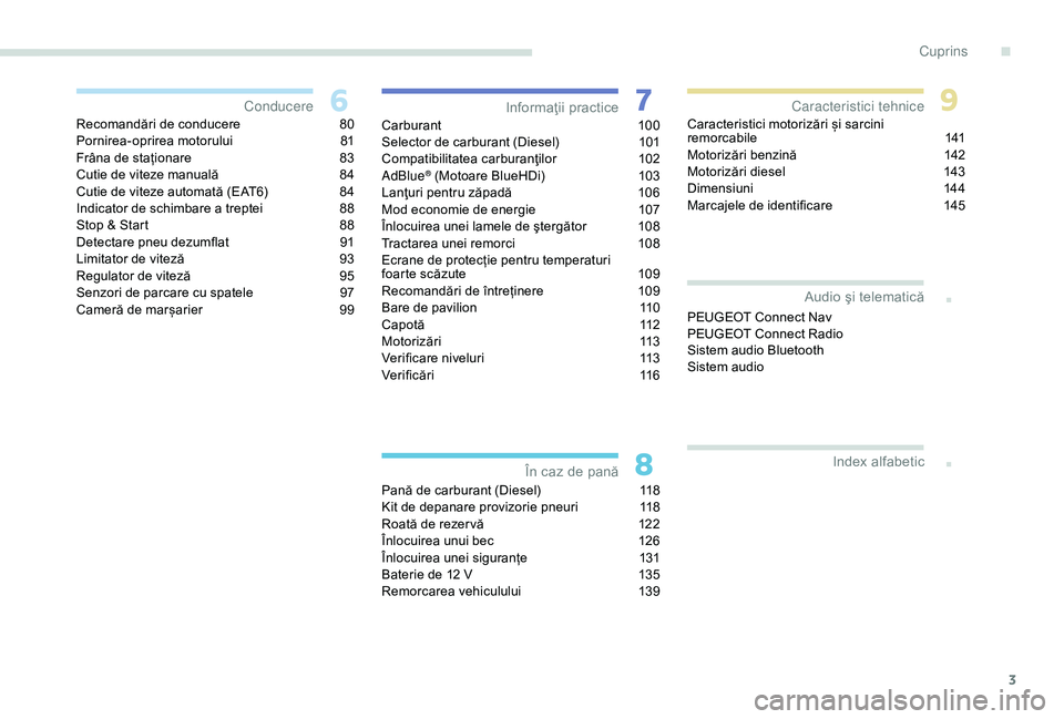 Peugeot 301 2018  Manualul de utilizare (in Romanian) 3
.
.
Recomandări de conducere 80
Pornirea-oprirea motorului  8 1
Frâna de staționare
 
8
 3
Cutie de viteze manuală
 
8
 4
Cutie de viteze automată (EAT6)
 
8
 4
Indicator de schimbare a treptei