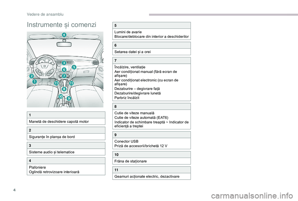 Peugeot 301 2018  Manualul de utilizare (in Romanian) 4
Instrumente și comenzi5
Lumini de avarie
Blocare/deblocare din interior a deschiderilor
6
Setarea datei și a orei
7
Încălzire, ventilație
Aer condiționat manual (fără ecran de 
a f i ș a r 