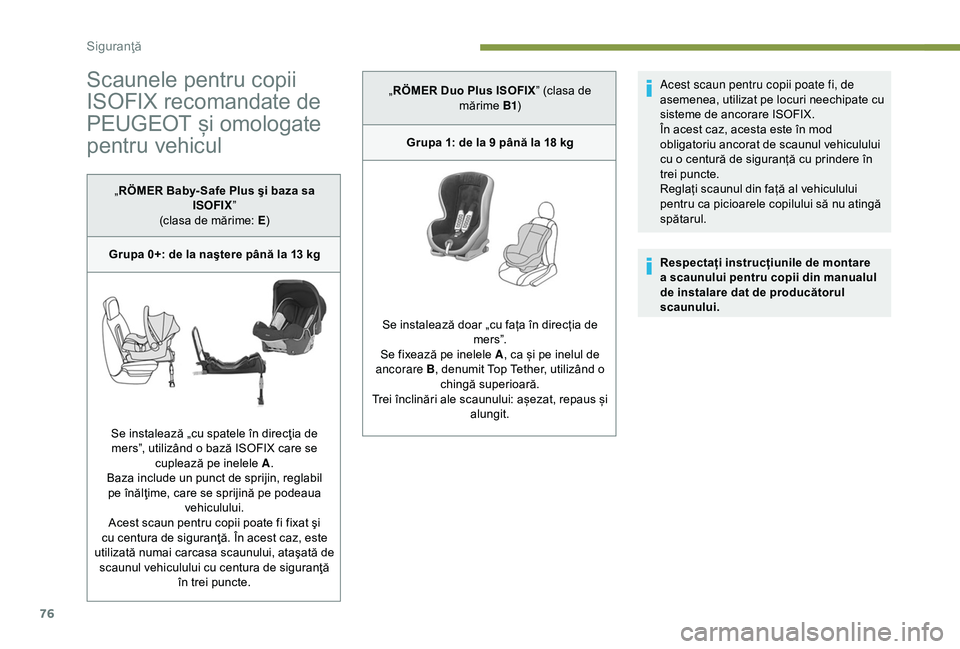 Peugeot 301 2018  Manualul de utilizare (in Romanian) 76
Scaunele pentru copii 
ISOFIX recomandate de 
PEUGEOT și omologate 
pentru vehicul
„RÖMER Baby- Safe Plus şi baza sa 
ISOFIX”
(clasa de mărime: E )
Grupa 0+: de la naştere până la 13
  k