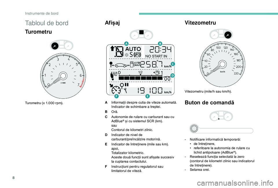 Peugeot 301 2018 Manualul de utilizare (in Romanian) 8
Tabloul de bord
Turometru
Turometru (x 1.000 rpm).
Afișaj
AInformații despre cutia de viteze automată.
Indicator de schimbare a treptei.
B Oră.
C Autonomie de rulare cu carburant sau cu
AdBlue
Peugeot 301 2018 Manualul de utilizare (in Romanian) 8
Tabloul de bord
Turometru
Turometru (x 1.000 rpm).
Afișaj
AInformații despre cutia de viteze automată.
Indicator de schimbare a treptei.
B Oră.
C Autonomie de rulare cu carburant sau cu
AdBlue