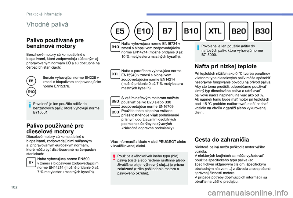 Peugeot 301 2018 Užívateľská príručka (in Slovak) 102
Vhodné palivá
Palivo používané pre
benzínové motory
Benzínové motory sú kompatibilné s
biopalivami, ktoré zodpovedajú súčasným aj
pripravovaným normám EÚ a sú dostupné na Peugeot 301 2018 Užívateľská príručka (in Slovak) 102
Vhodné palivá
Palivo používané pre
benzínové motory
Benzínové motory sú kompatibilné s
biopalivami, ktoré zodpovedajú súčasným aj
pripravovaným normám EÚ a sú dostupné na