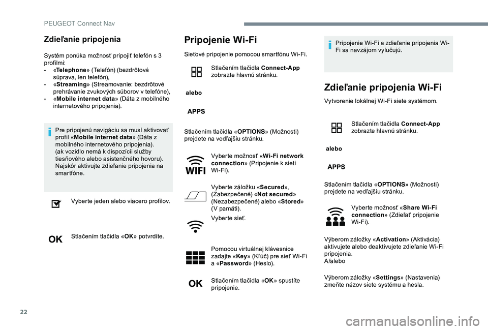 Peugeot 301 2018 Užívateľská príručka (in Slovak) 22
Zdieľanie pripojenia
Systém ponúka možnosť pripojiť telefón s 3
profilmi:
-
« T
elephone » (Telefón) (bezdrôtová
súprava, len telefón),
-
« S
treaming » (Streamovanie: bezdr Peugeot 301 2018 Užívateľská príručka (in Slovak) 22
Zdieľanie pripojenia
Systém ponúka možnosť pripojiť telefón s 3
profilmi:
-
« T
elephone » (Telefón) (bezdrôtová
súprava, len telefón),
-
« S
treaming » (Streamovanie: bezdr