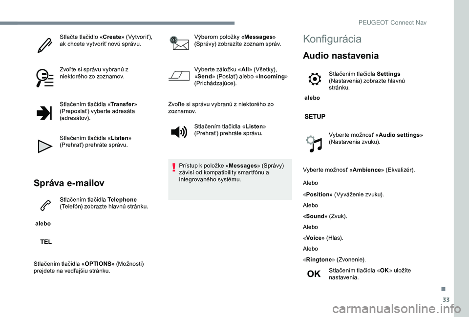 Peugeot 301 2018  Užívateľská príručka (in Slovak) 33
Stlačte tlačidlo «Create» (Vytvoriť), 
ak chcete vytvoriť novú správu.
Zvoľte si správu vybranú z 
niektorého zo zoznamov.
Stlačením tlačidla « Transfer» 
(Preposlať) vyberte adre