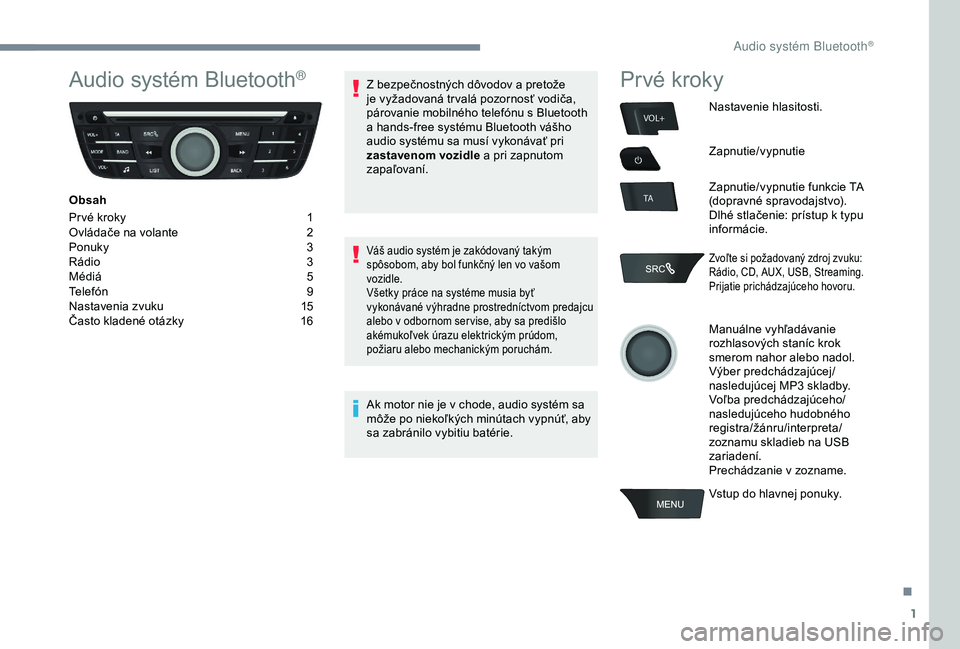 Peugeot 301 2018 Užívateľská príručka (in Slovak) 1
VOL+
TA
Audio systém Bluetooth®
Obsah
Pr vé kroky
1
O
vládače na volante
2
P
onuky
3
R
ádio
3
M
édiá
5
T
elefón
9
N
astavenia zvuku
1
5
Často kladené otázky
1
6Z bez Peugeot 301 2018 Užívateľská príručka (in Slovak) 1
VOL+
TA
Audio systém Bluetooth®
Obsah
Pr vé kroky
1
O
vládače na volante
2
P
onuky
3
R
ádio
3
M
édiá
5
T
elefón
9
N
astavenia zvuku
1
5
Často kladené otázky
1
6Z bez