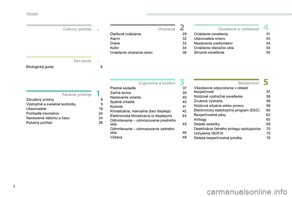 Peugeot 301 2018  Užívateľská príručka (in Slovak) 2
.
.
Združený prístroj 8
V ýstražné a svetelné kontrolky  9
U
kazovatele
 1
 9
Počítadlá kilometrov
 
2
 4
Nastavenie dátumu a času
 
2
 4
Palubný počítač
 
2
 6Diaľkové ovládanie
