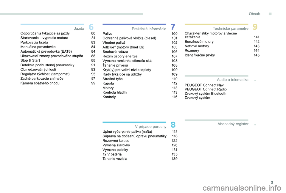 Peugeot 301 2018  Užívateľská príručka (in Slovak) 3
.
.
Odporúčania týkajúce sa jazdy 80
Štartovanie – vypnutie motora  8 1
Parkovacia brzda
 
8
 3
Manuálna prevodovka
 
8
 4
Automatická prevodovka (EAT6)
 
8
 4
Ukazovateľ zmeny prevodovéh