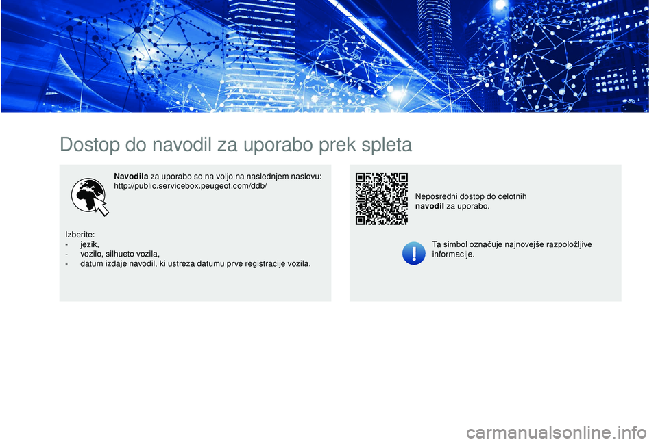 Peugeot 301 2018 Priročnik za lastnika (in Slovenian) Dostop do navodil za uporabo prek spleta
Navodila za uporabo so na voljo na naslednjem naslovu:
http://public.servicebox.peugeot.com/ddb/Ta simbol označuje najnovejše razpoložljive
informacije.
Ne Peugeot 301 2018 Priročnik za lastnika (in Slovenian) Dostop do navodil za uporabo prek spleta
Navodila za uporabo so na voljo na naslednjem naslovu:
http://public.servicebox.peugeot.com/ddb/Ta simbol označuje najnovejše razpoložljive
informacije.
Ne