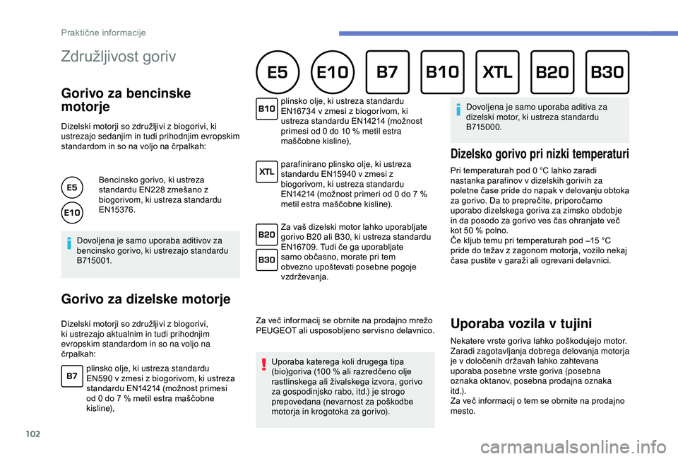 Peugeot 301 2018 Priročnik za lastnika (in Slovenian) 102
Združljivost goriv
Gorivo za bencinske
motorje
Dizelski motorji so združljivi z biogorivi, ki
ustrezajo sedanjim in tudi prihodnjim evropskim
standardom in so na voljo na črpalkah:Bencinsko Peugeot 301 2018 Priročnik za lastnika (in Slovenian) 102
Združljivost goriv
Gorivo za bencinske
motorje
Dizelski motorji so združljivi z biogorivi, ki
ustrezajo sedanjim in tudi prihodnjim evropskim
standardom in so na voljo na črpalkah:Bencinsko