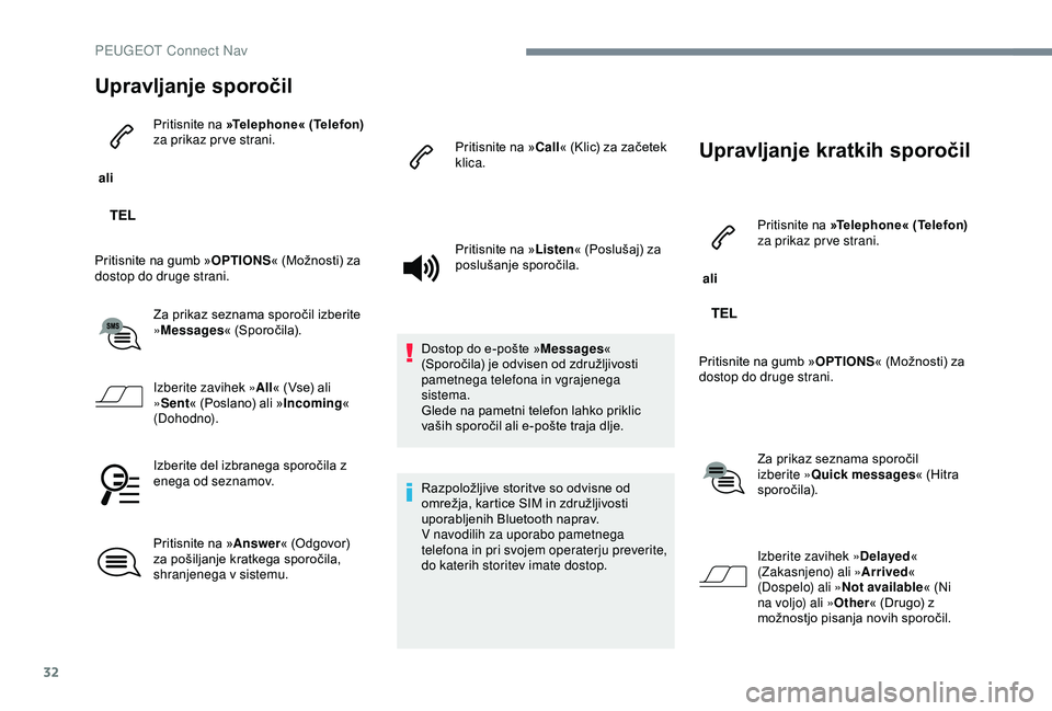 Peugeot 301 2018 Priročnik za lastnika (in Slovenian) 32
Upravljanje sporočil
ali Pritisnite na
»Telephone« (Telefon)
za prikaz pr ve strani.
Pritisnite na gumb » OPTIONS« (Možnosti) za
dostop do druge strani.
Za prikaz seznama sporočil izber Peugeot 301 2018 Priročnik za lastnika (in Slovenian) 32
Upravljanje sporočil
ali Pritisnite na
»Telephone« (Telefon)
za prikaz pr ve strani.
Pritisnite na gumb » OPTIONS« (Možnosti) za
dostop do druge strani.
Za prikaz seznama sporočil izber