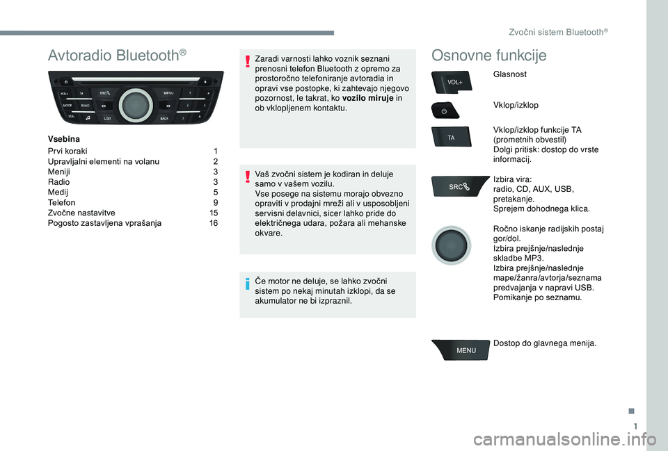 Peugeot 301 2018  Priročnik za lastnika (in Slovenian) 1
VOL+
TA
Avtoradio Bluetooth®
Vsebina
Pr vi koraki 
1
U

pravljalni elementi na volanu  
2
M

eniji
 3
R

adio   3
Medij
 
5
T

elefon
 9
Z

vočne nastavitve  
1
 5
Pogosto zastavljena vprašanja
 