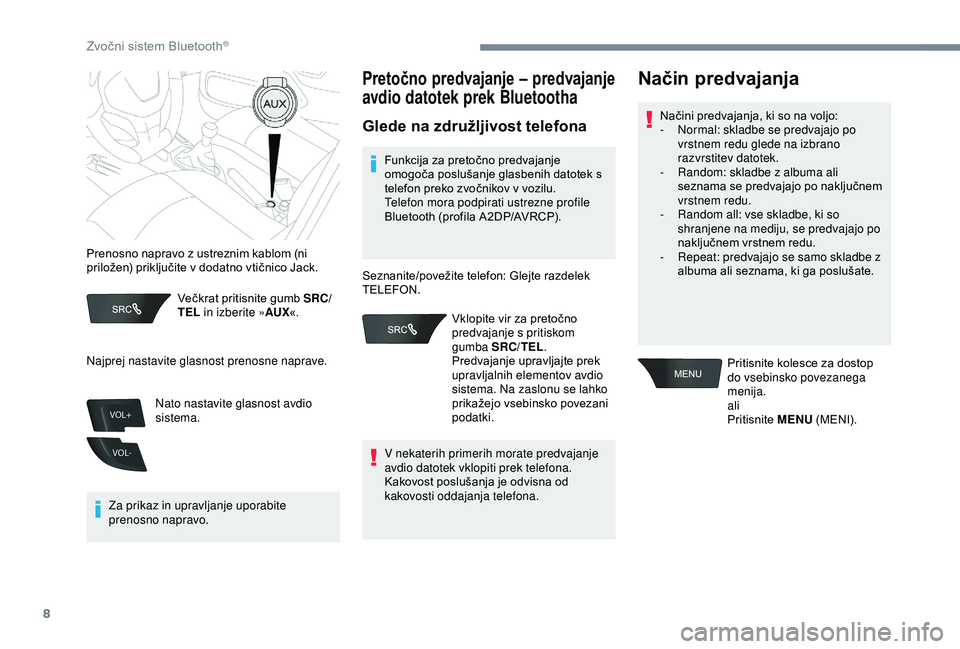 Peugeot 301 2018 Priročnik za lastnika (in Slovenian) 8
VOL+
VOL-
Večkrat pritisnite gumb SRC/
TEL in izberite » AUX«.
Za prikaz in upravljanje uporabite
prenosno napravo.
Pretočno predvajanje – predvajanje
avdio datotek prek Bluetootha
Glede na Peugeot 301 2018 Priročnik za lastnika (in Slovenian) 8
VOL+
VOL-
Večkrat pritisnite gumb SRC/
TEL in izberite » AUX«.
Za prikaz in upravljanje uporabite
prenosno napravo.
Pretočno predvajanje – predvajanje
avdio datotek prek Bluetootha
Glede na