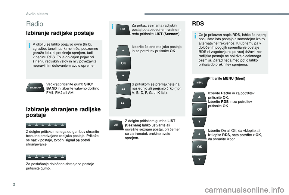 Peugeot 301 2018 Priročnik za lastnika (in Slovenian) 2
Radio
Izbiranje radijske postaje
V okolju se lahko pojavijo ovire (hribi,
zgradbe, tuneli, parkirne hiše, podzemne
garaže itd.), ki prekinejo sprejem, tudi
v načinu RDS. To je običajen pojav Peugeot 301 2018 Priročnik za lastnika (in Slovenian) 2
Radio
Izbiranje radijske postaje
V okolju se lahko pojavijo ovire (hribi,
zgradbe, tuneli, parkirne hiše, podzemne
garaže itd.), ki prekinejo sprejem, tudi
v načinu RDS. To je običajen pojav