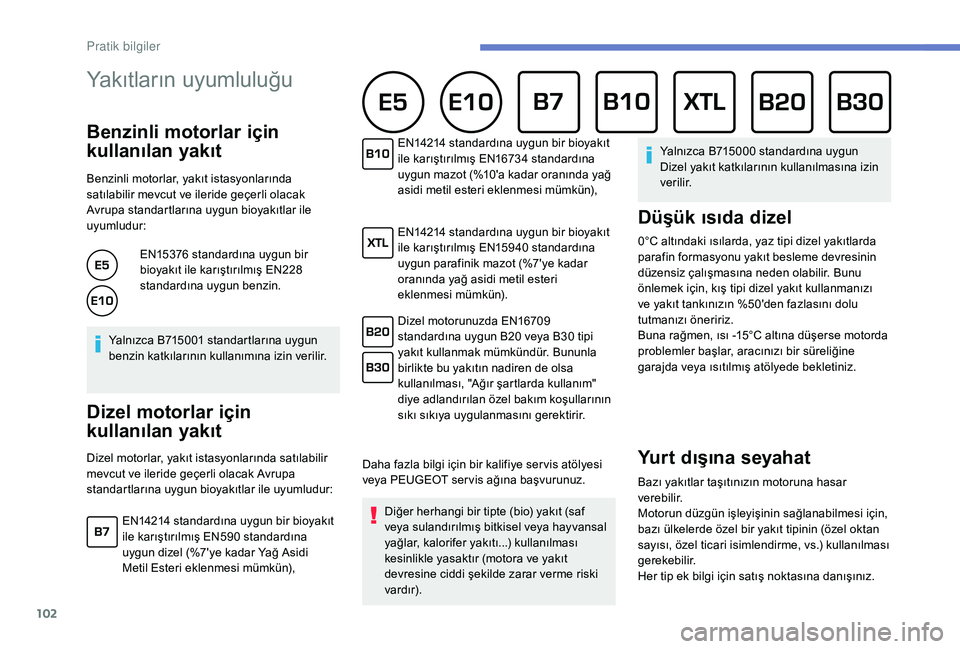 Peugeot 301 2018 Kullanım Kılavuzu (in Turkish) 102
Yakıtların uyumluluğu
Benzinli motorlar için
kullanılan yakıt
Benzinli motorlar, yakıt istasyonlarında
satılabilir mevcut ve ileride geçerli olacak
Avrupa standartlarına uygun bioya Peugeot 301 2018 Kullanım Kılavuzu (in Turkish) 102
Yakıtların uyumluluğu
Benzinli motorlar için
kullanılan yakıt
Benzinli motorlar, yakıt istasyonlarında
satılabilir mevcut ve ileride geçerli olacak
Avrupa standartlarına uygun bioya