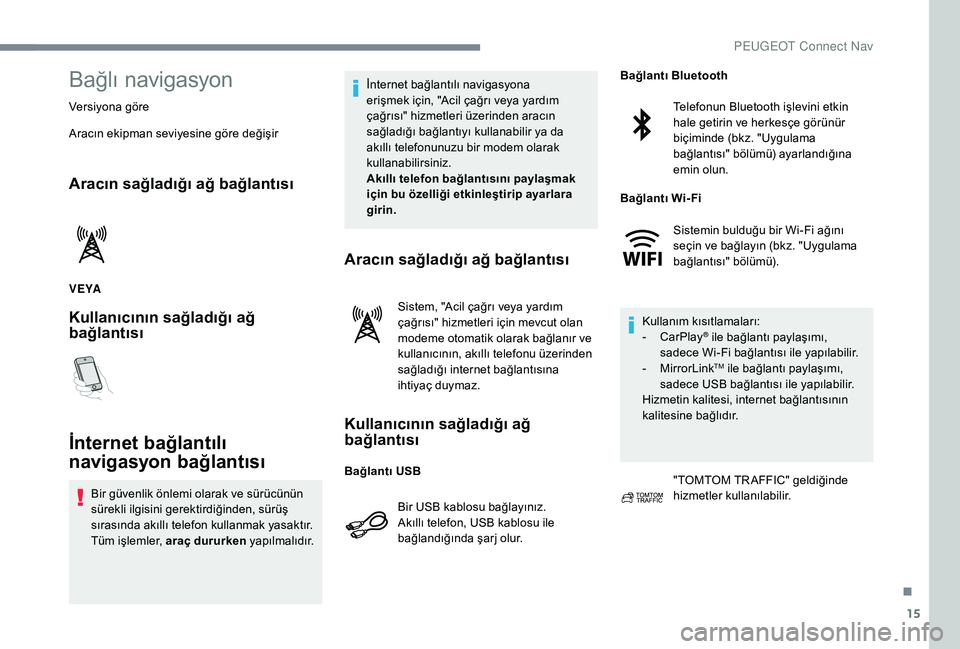 Peugeot 301 2018  Kullanım Kılavuzu (in Turkish) 15
Bağlı navigasyon
Versiyona göre
Aracın ekipman seviyesine göre değişir
Aracın sağladığı ağ bağlantısı
V E YA
Kullanıcının sağladığı ağ 
bağlantısı
İnternet bağlantılı