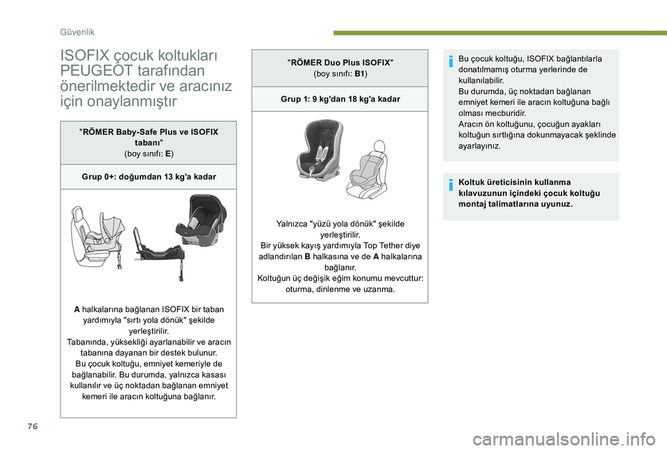 Peugeot 301 2018 Kullanım Kılavuzu (in Turkish) 76
ISOFIX çocuk koltukları
PEUGEOT tarafından
önerilmektedir ve aracınız
için onaylanmıştır
"RÖMER Baby- Safe Plus ve ISOFIX
tabanı"
(boy sınıfı: E )
Grup 0+: doğumdan 13
Peugeot 301 2018 Kullanım Kılavuzu (in Turkish) 76
ISOFIX çocuk koltukları
PEUGEOT tarafından
önerilmektedir ve aracınız
için onaylanmıştır
"RÖMER Baby- Safe Plus ve ISOFIX
tabanı"
(boy sınıfı: E )
Grup 0+: doğumdan 13
