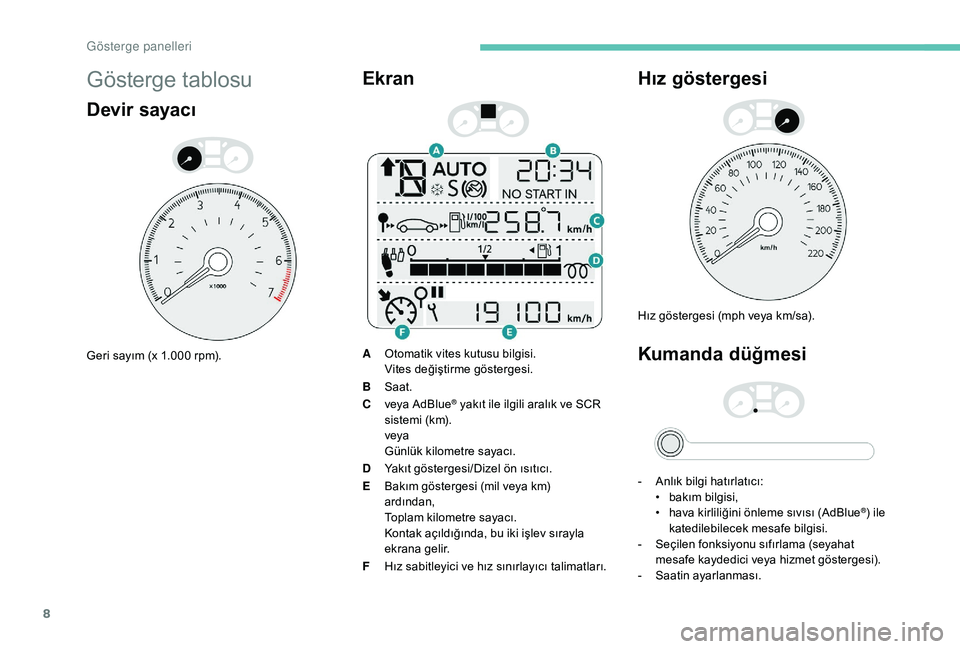 Peugeot 301 2018  Kullanım Kılavuzu (in Turkish) 8
Gösterge tablosu
Devir sayacı
Geri sayım (x 1.000 rpm).
Ekran
AOtomatik vites kutusu bilgisi.
Vites değiştirme göstergesi.
B Saat.
C veya AdBlue
® yakıt ile ilgili aralık ve SCR 
sistemi (k